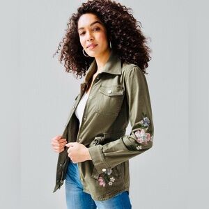 EUC White House Black Market Embroidered Floral Safari Zip/Snap Shirt Jacket 14!